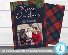 Load image into Gallery viewer, Photo Christmas Card Template, Plaid Christmas Card with Photo, Holiday Card, Merry Christmas, Happy Holidays, Printable Template, Red Plaid