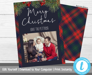 Photo Christmas Card Template, Plaid Christmas Card with Photo, Holiday Card, Merry Christmas, Happy Holidays, Printable Template, Red Plaid