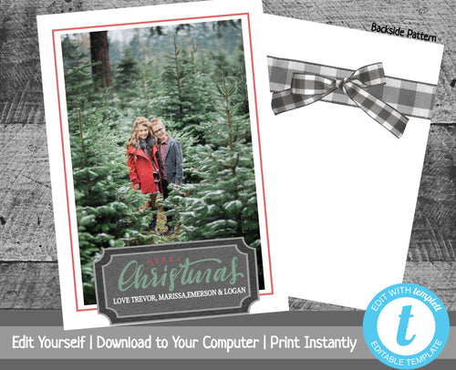 Christmas Card, Printable Xmas Card. Christmas Card with Photo Template, Holiday Cards, Merry Christmas, Happy Holidays, Plaid Ribbon, Bow
