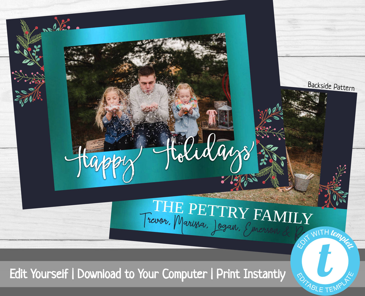 Printable Christmas Card with Photo, Photo Christmas Card, Holiday Card, Merry Christmas, Happy Holidays, Printable Template, Floral, Doodle