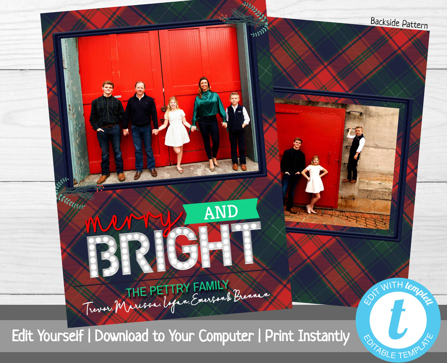 Plaid Christmas Photo Card, Christmas Card with Photo, Merry & Bright, Merry Christmas, Happy Holidays, Printable Template, Marquee Letters