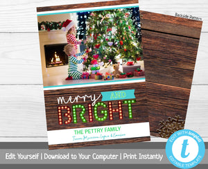 Christmas Card Template, Rustic Christmas Card with Photo, Merry & Bright, Wood, Merry Christmas, Happy Holidays, Template, Marquee Letters