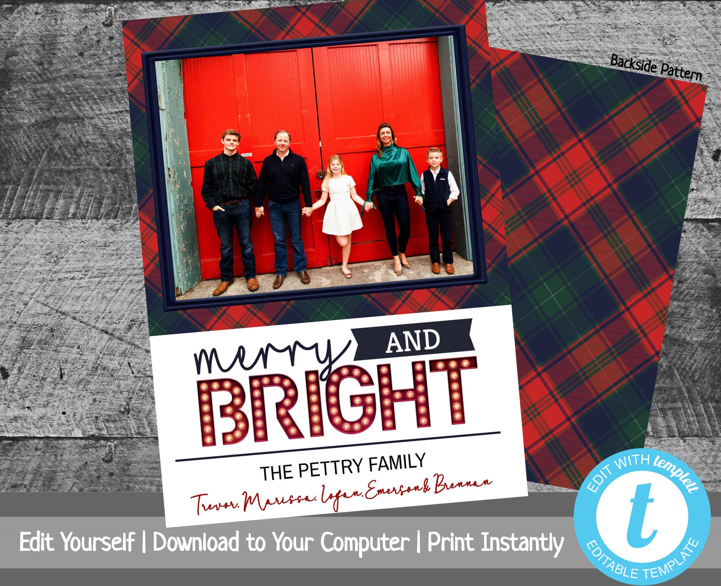 Rustic Christmas Card, Printable Christmas Card with Photo, Merry & Bright, Plaid, Merry Christmas, Happy Holidays, Template, Marquee Letter