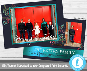 Modern Christmas Card Template, Photo Christmas Card, Xmas Card with Photo, Merry Christmas, Happy Holidays, Floral, Doodle, Blue, Teal