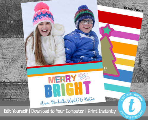 Photo Christmas Card Template, Christmas Card with Photo, Photo Holiday Card, Merry & Bright, Printable Christmas Cards, Colorful Stripes