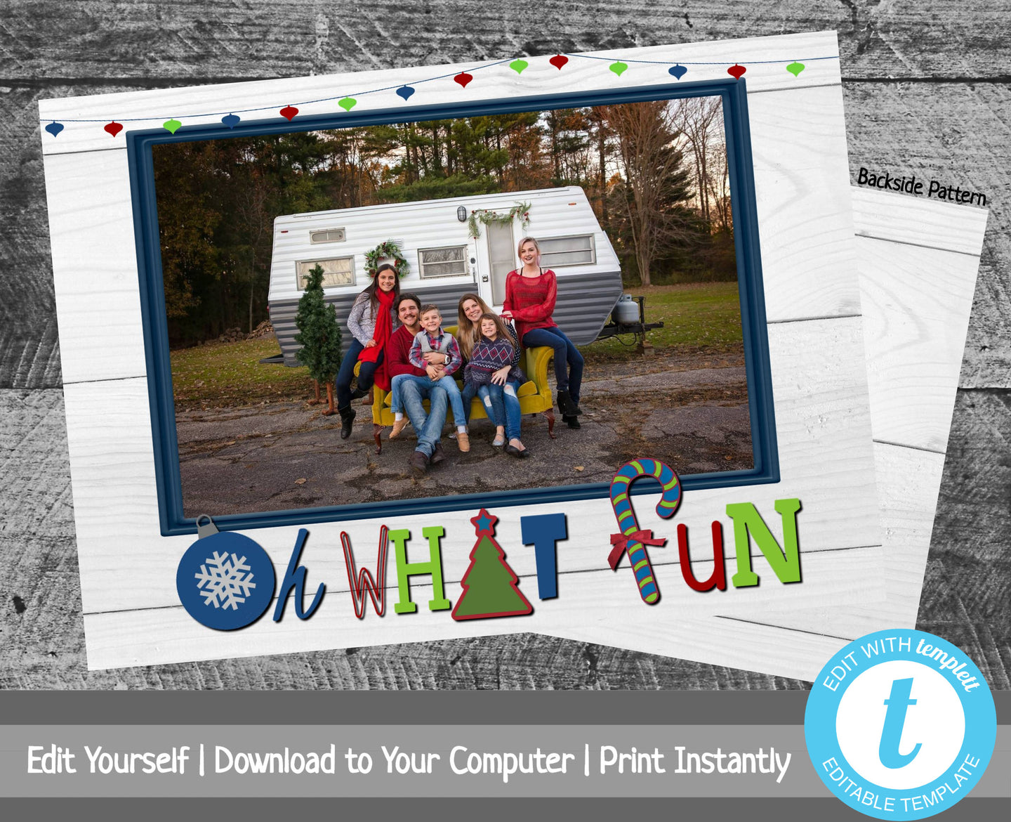 Printable Christmas Card Template, Oh What Fun, Rustic Christmas Card with Photo, Photo Holiday Card, Photo Christmas Cards, Photo Xmas Card