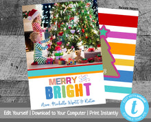 Load image into Gallery viewer, Christmas Card Template, Photo Christmas Cards, Holiday Card Template, Merry &amp; Bright, Printable Christmas Card with Photo, Colorful Stripes