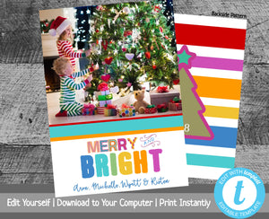Christmas Card Template, Photo Christmas Cards, Holiday Card Template, Merry & Bright, Printable Christmas Card with Photo, Colorful Stripes