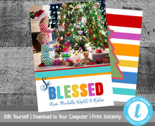 Load image into Gallery viewer, Christmas Card Template, Photo Christmas Cards, Holiday Card Template, So Blessed, Printable Christmas Cards with Photo, Colorful Stripes