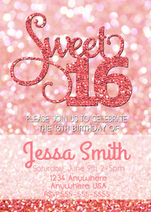 Printable Sweet 16 Invitation, Birthday Invitation Template, Sweet Sixteen Party Invite, Glitter Birthday Invitation, Sweet 16 Invite, Coral