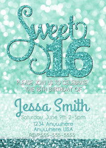 Sweet 16 Invitation Template, Printable Birthday Invitation, Sweet Sixteen Party Invite, Glitter Birthday Invitation, Bday Invite, Seafoam
