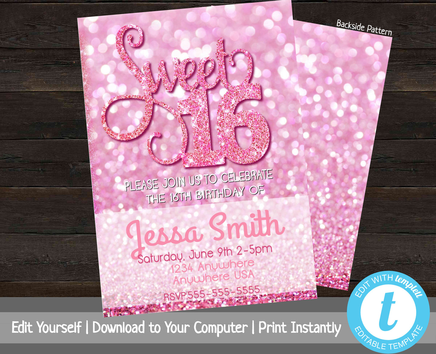 Glitter Sweet 16 Party Invitation, Printable Birthday Invitation Template, Sweet Sixteen Party Invite, Pink Birthday Invitation, Bday Invite