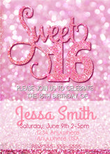 Load image into Gallery viewer, Glitter Sweet 16 Party Invitation, Printable Birthday Invitation Template, Sweet Sixteen Party Invite, Pink Birthday Invitation, Bday Invite