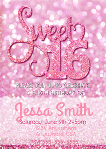 Glitter Sweet 16 Party Invitation, Printable Birthday Invitation Template, Sweet Sixteen Party Invite, Pink Birthday Invitation, Bday Invite