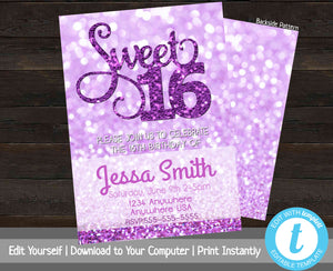 Sweet 16 Invitation Template, Printable Birthday Invitation, Sweet Sixteen Party Invite, Glitter Birthday Invitation, Bday Invite, Purple
