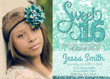 Load image into Gallery viewer, Photo Sweet 16 Party Invitation Template, Birthday Party Invitation with Photo, Sweet Sixteen Party Invite, Glitter, Bday Invite, Seafoam