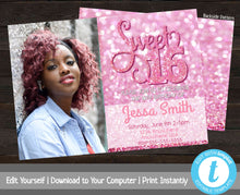Load image into Gallery viewer, Sweet 16 Invite with Photo, Birthday Party Invitation Template, Sweet Sixteen Party Invitation with Photo, Glitter, Bday Invite, Pink