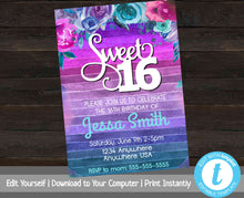Load image into Gallery viewer, Sweet 16 Party Invitation Template, Printable Birthday Party Invitation, Sweet Sixteen Invite, Floral, Birthday Invitation, Party Invite