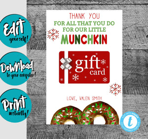 Munchkin gift card holder, Coffee Christmas Gift Card Holder, Teacher Christmas Gifts, Donut Gift Card Holder, teacher gift, easy to edit