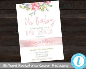 Printable Baby Shower Invitation, Floral Baby Shower Invitation Template, Oh Baby, Baby Shower Invite, Editable Template, Pregnancy, Pink