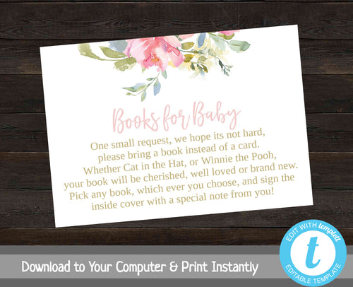 Floral Books for Baby, Stock the Library, Baby Shower Invitation Add-Ons, Baby Book Request Card Insert, Printable, Instant Download, Pink