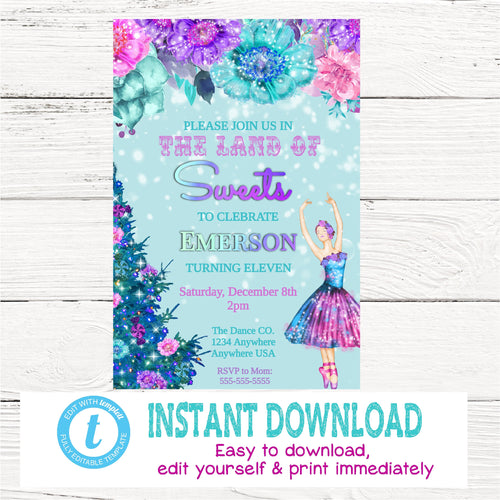 Nutcracker Birthday Invitation, Sugar Plum Fairy Princess Invitations, Digital Download, Land of The Sweets Invite, Christmas, WInter