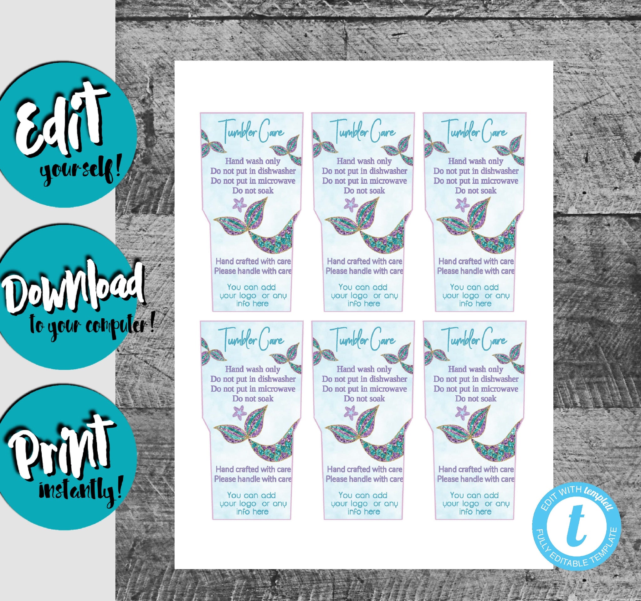 Mermaid tail Glitter Tumbler Care cards, Add to your sale, JPEG OR PDF –  Michelle Raye Designs