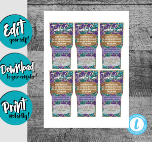 Mermaid scales Glitter Tumbler Care cards, Add to your sale, JPEG OR PDF, add yourinfo or your logo, edit cup care cards yourself and print