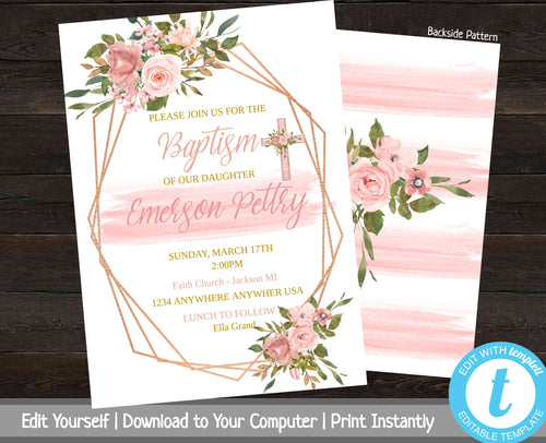 Floral Baptism Invitation, Printable Baptism Invites, Christening Invite, Editable Baptism Invite, Rose Gold, Pink, Baby Dedication Invite