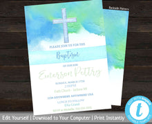 Load image into Gallery viewer, Boy Baptism Invitation, Printable Baptism Invites, Christening Invite, Editable Baptism Invite, Baby Dedication, Blue Watercolor, Template