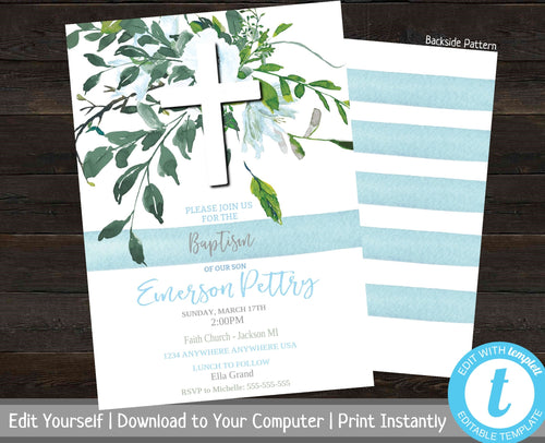 Baptism Invitation Boy, Greenery Baptism Invite, Blue Watercolor, Christening Invites, Printable, Editable, Baby Dedication, Cross, Stripes