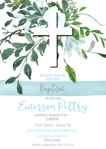 Baptism Invitation Boy, Greenery Baptism Invite, Blue Watercolor, Christening Invites, Printable, Editable, Baby Dedication, Cross, Stripes