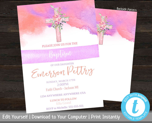 Baptism Invitation Girl, Printable Baptism Invites, Christening, Editable Baptism Invite, Baby Dedication, Purple, Coral, Watercolor, Cross