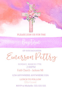 Baptism Invitation Girl, Printable Baptism Invites, Christening, Editable Baptism Invite, Baby Dedication, Purple, Coral, Watercolor, Cross