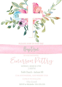 Floral Baptism Invitation, Girl Baptism Invites, Christening, Editable Baptism Invite, Baby Dedication, Pink Watercolor, Cross, Stripes