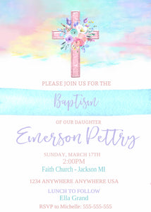 Baptism Invitation Girl, Pastel Baptism Invites, Christening Invite, Editable Baptism Invite, Baby Dedication, Watercolor, Cross, Printable