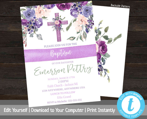 Baptism Invitation Girl, Baptism Invitation Instant Download, Floral, Christening, Editable Baptism Invite, Baby Dedication, Purple, Cross