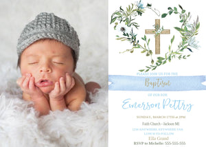 Baptism Invitation with Photo, Boy Baptism Invitation, Christening Invite with Photo, Editable Invitation, Baby Boy Dedication, Greenery