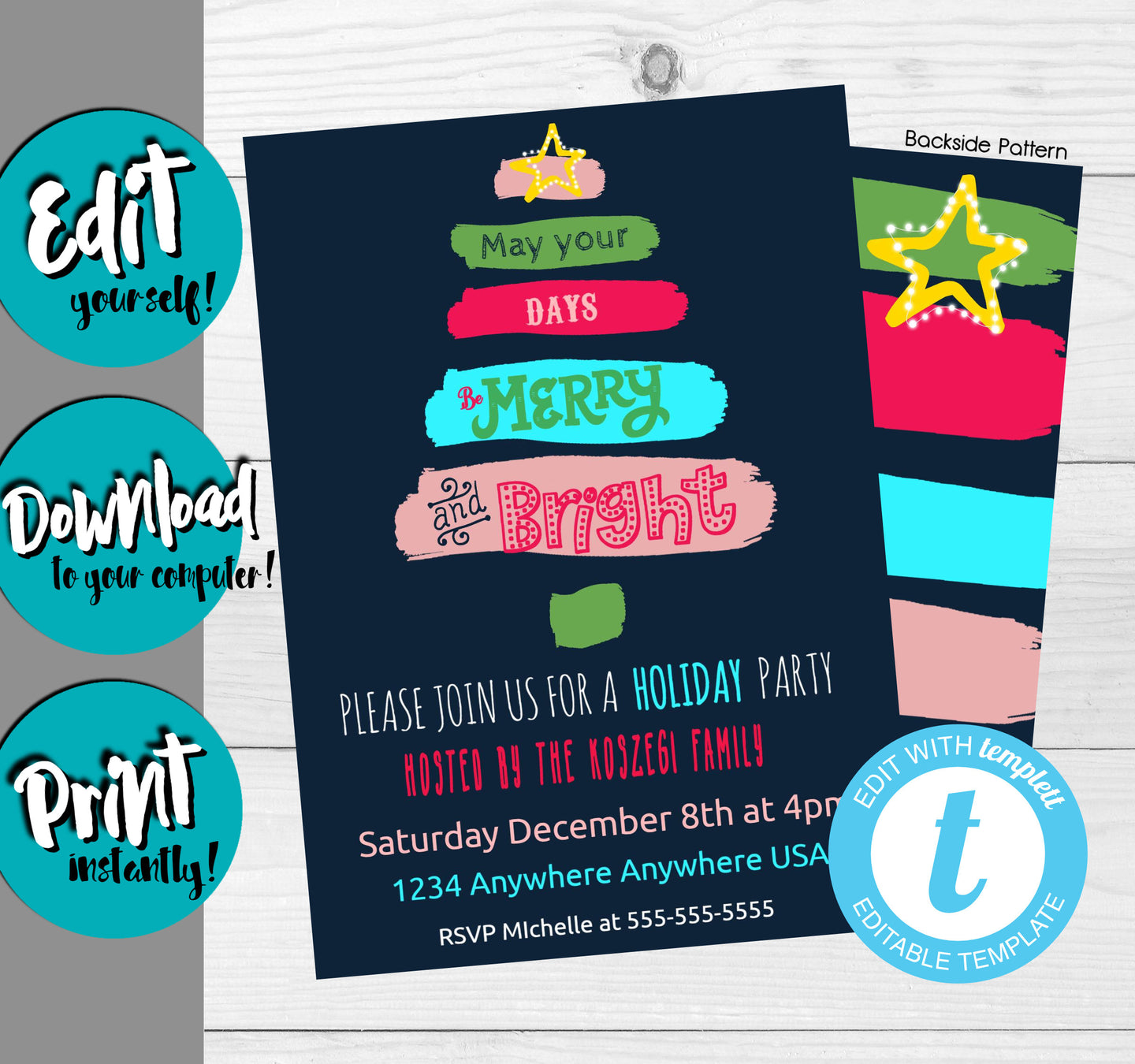 Holiday Party Invitation, Christmas Invitations, Xmas Party Invite, Merry and Bright, Printable