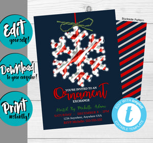 Ornament Exchange Invitation, Christmas Party Invite, Xmas Party Invite, Printable Invitations, Red and White Striped, Christmas Ornament