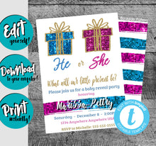 Load image into Gallery viewer, Holiday Gender Reveal Invitation, Christmas Gender Reveal Invite, Winter Gender Reveal, Baby Reveal, Printable Invitations, He or She Shower