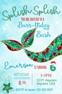 Winter Mermaid Invitation, CHristmas Mermaid Birthday Invite, Mermaid Party,  Brrr Under the Sea, Mermaid Theme, Sparkle, Glitter, Aqua Teal