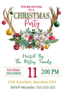 Christmas Party Invitation, Holiday Party Invite, Xmas Party, Deer Antlers, Printable Xmas Invite, Editable Invite Template