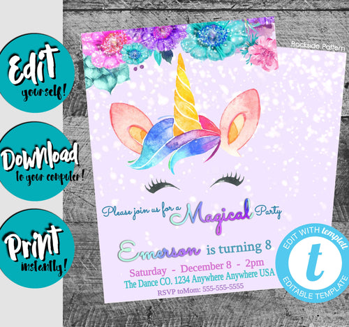 Unicorn Birthday Invitation, Girl Birthday Party Invite, Unicorn Birthday Invitations, Printable Bday Invite, Pink Birthday Party Invitation