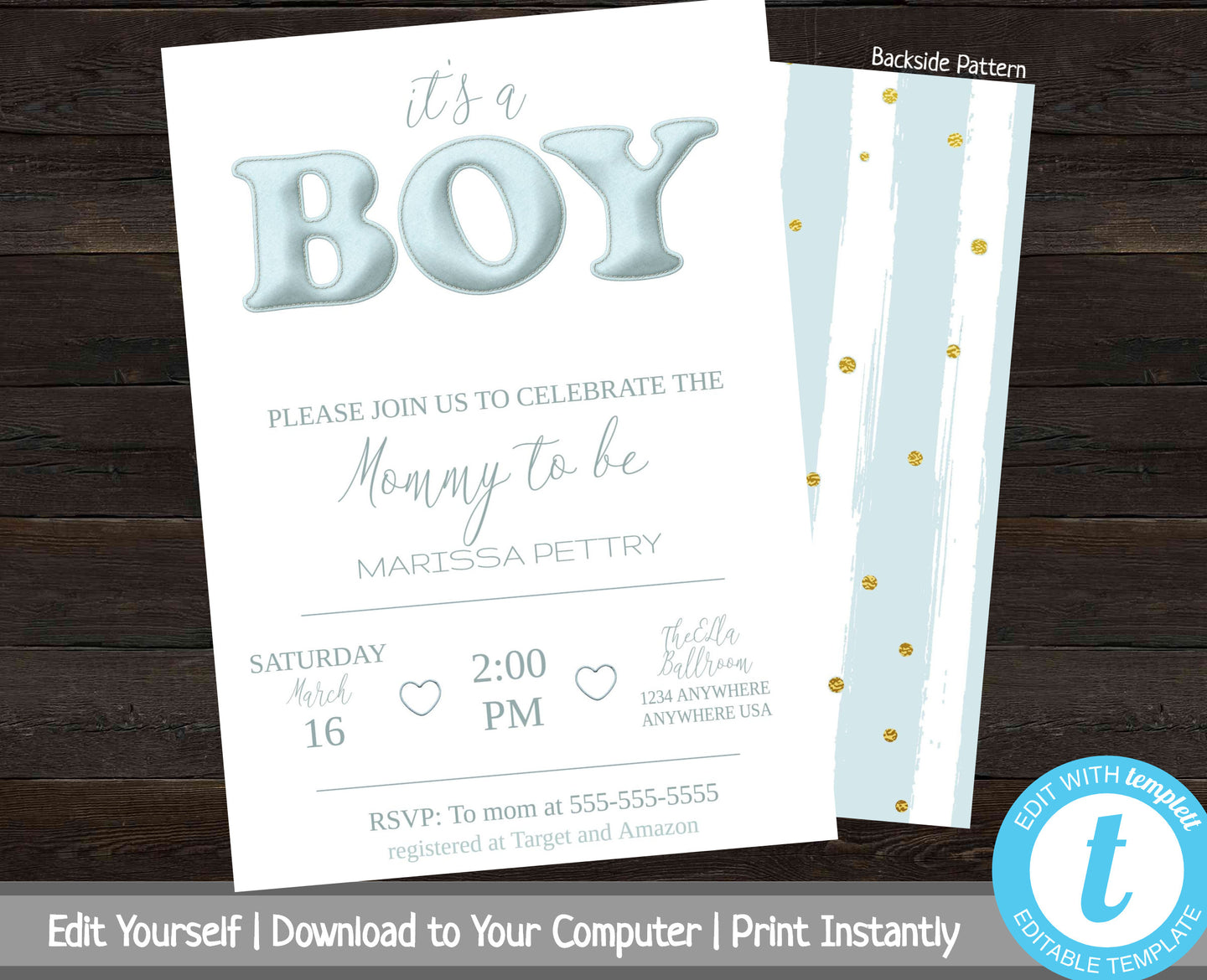 Baby Shower Invitation Boy, Printable Baby Shower Invite, Baby Boy Shower Invite, It's A Boy, Editable Invitation, Invitation Template, Blue