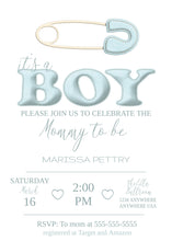 Load image into Gallery viewer, Boy Baby Shower Invitation, Printable Baby Shower Invite, Diaper Pin Baby Shower Invitation, Baby Boy, It&#39;s A Boy, Invitation Template, Blue