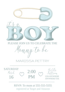 Boy Baby Shower Invitation, Printable Baby Shower Invite, Diaper Pin Baby Shower Invitation, Baby Boy, It's A Boy, Invitation Template, Blue