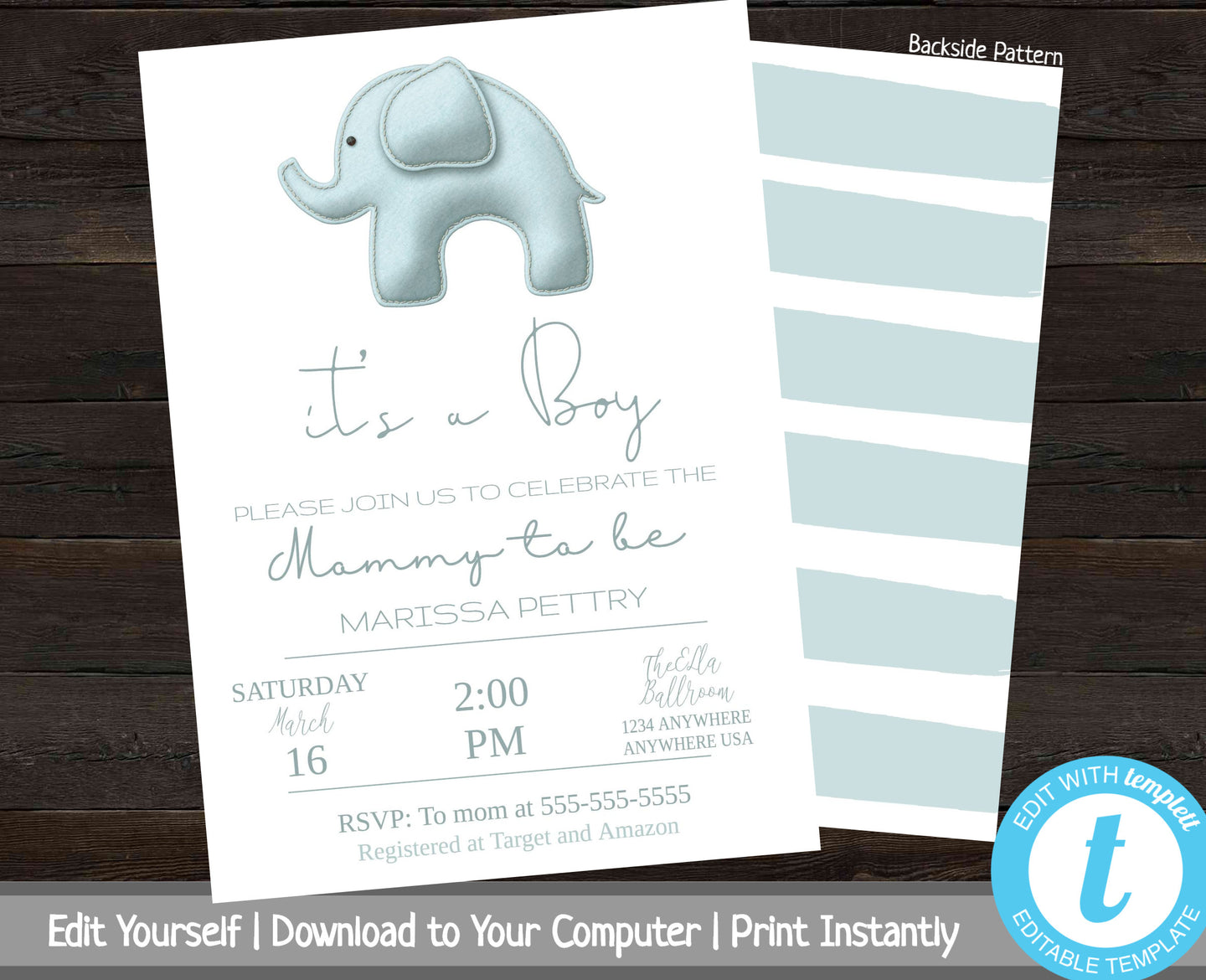 Elephant Baby Shower Invitation, Printable Baby Shower Invite, Boy Baby Shower Invitation, It's A Boy, Invitation Template, Blue Elephant