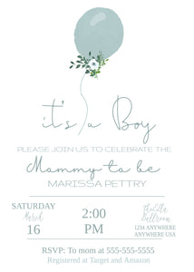 Baby Shower Invitation Boy, Printable Baby Shower Invite, Floral Balloon, Baby Boy Shower Invitation, It's A Boy, Invitation Template, Blue