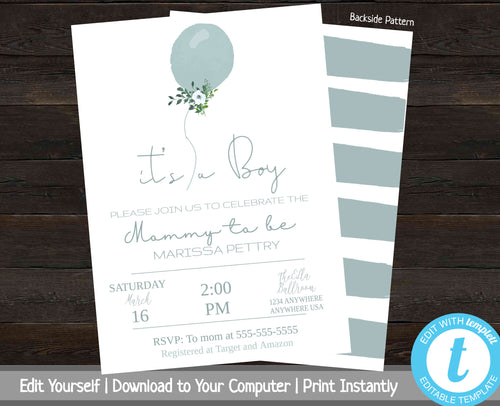 Baby Shower Invitation Boy, Printable Baby Shower Invite, Floral Balloon, Baby Boy Shower Invitation, It's A Boy, Invitation Template, Blue